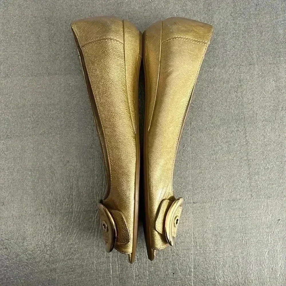 [9]Stuart  Weitzman Gold Buckle Patent Peep Toe Flat - Picture 3 of 9